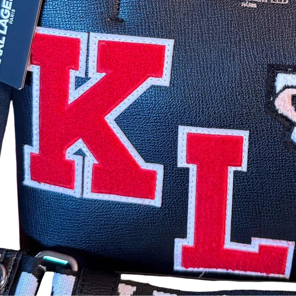 Karl Lagerfeld Paris NWT Classic Black Satchel Red & White KL Patches (P199) - Picture 3 of 11